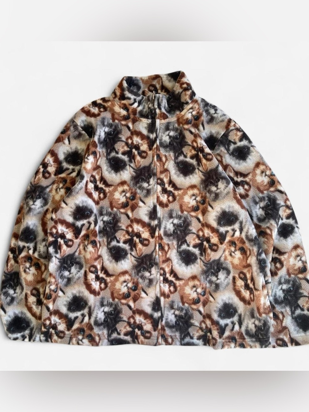 Vintage Bonnie Evans Multicolored Fleece Jacket with AOP Cat Print L